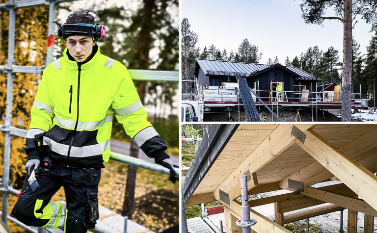 Elev står vid byggställning framför hus